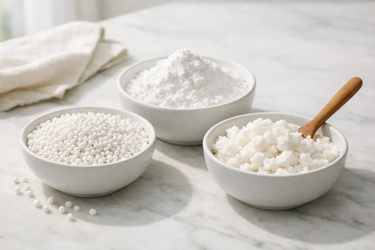 Tapioca kopen — verschillende soorten tapiocameel en -parels in witte keramische schaaltjes.