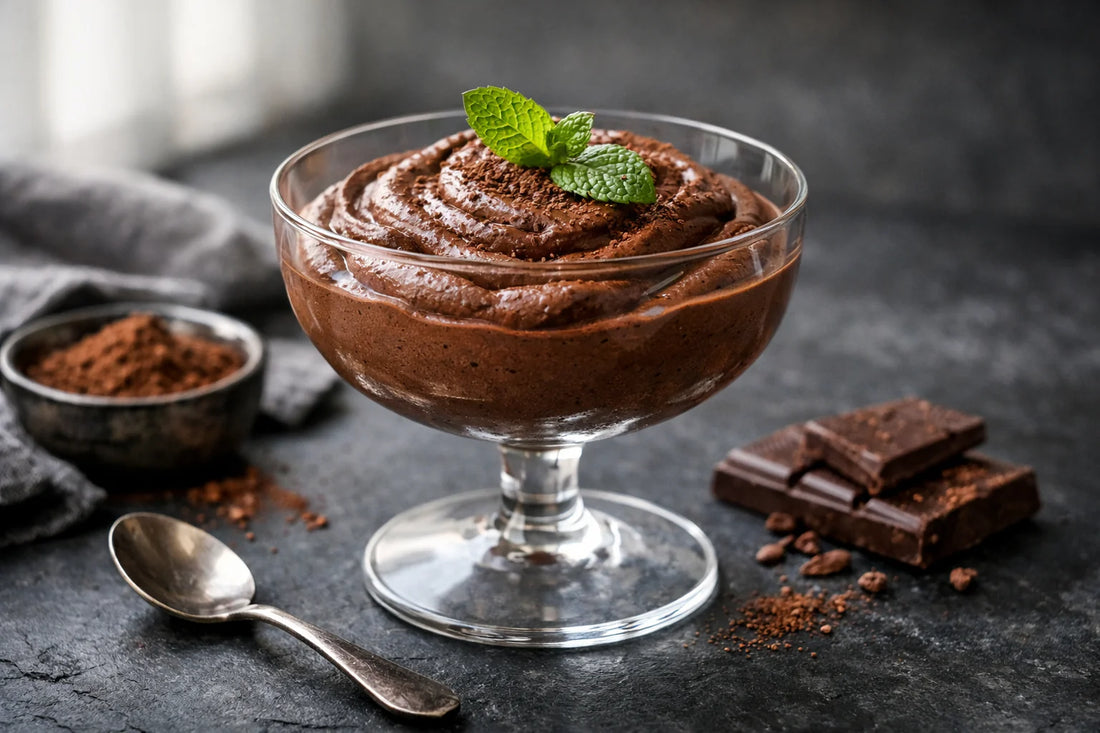 Low-sugar chocolade mousse — een romig, donker dessert in een glazen kopje, gegarneerd met een muntblaadje.
