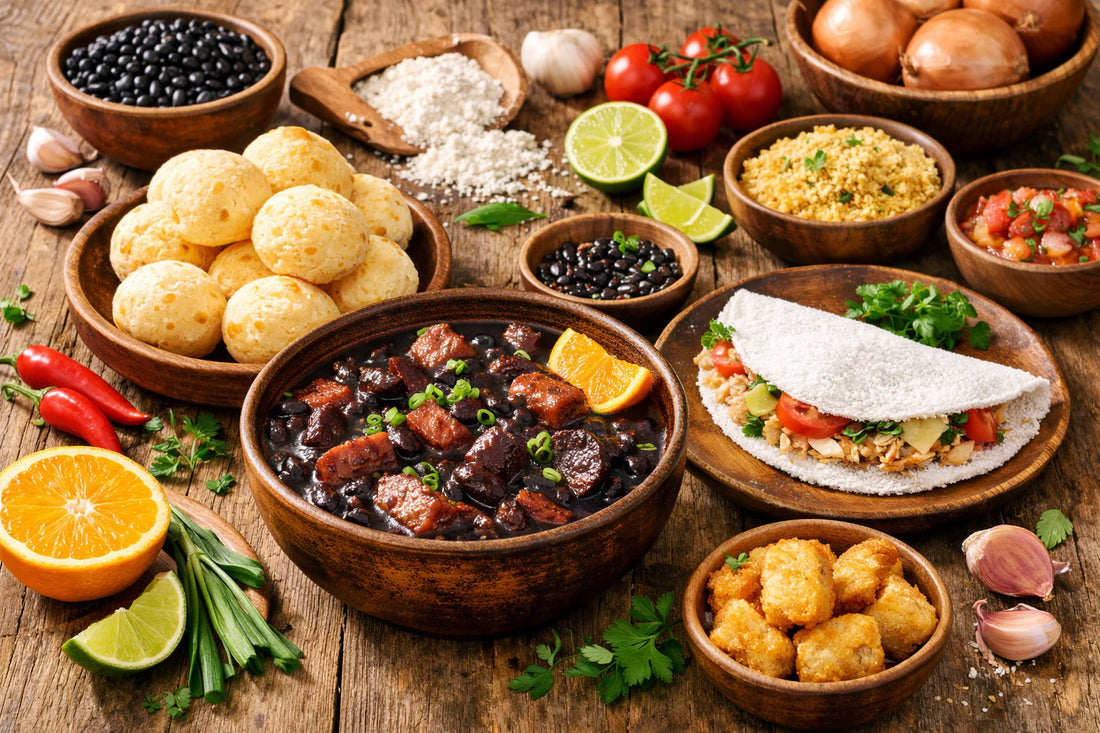 Glutenvrij Braziliaans Eten — a spread of dishes including feijoada, pão de queijo, and a tapioca wrap on a wooden table.