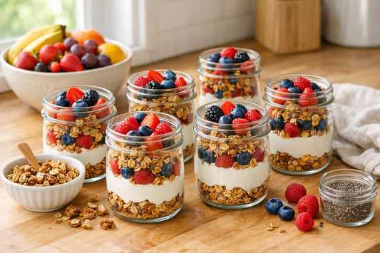 Granola meal prep — several glass jars layered with yogurt, granola, and fresh berries on a kitchen counter.