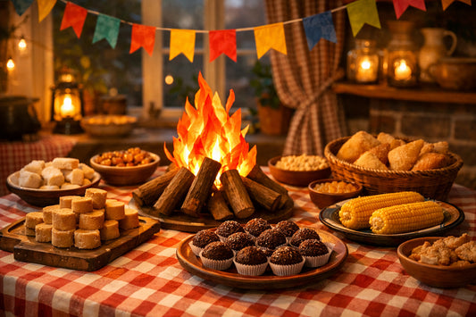 Festa Junina na Holanda — a festive table with traditional sweets, a checkered tablecloth, and colorful bandeirinhas.