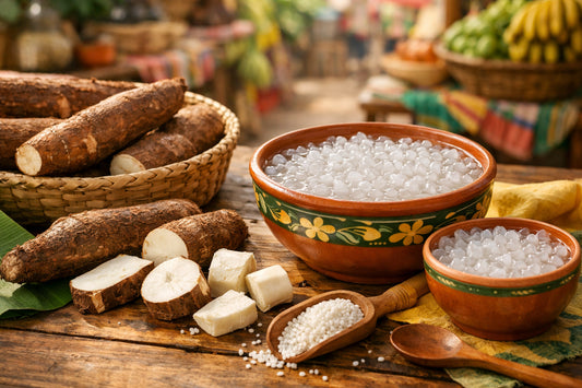 Cassava flour — hydrated tapioca pearls and fresh cassava root on a rustic wooden table