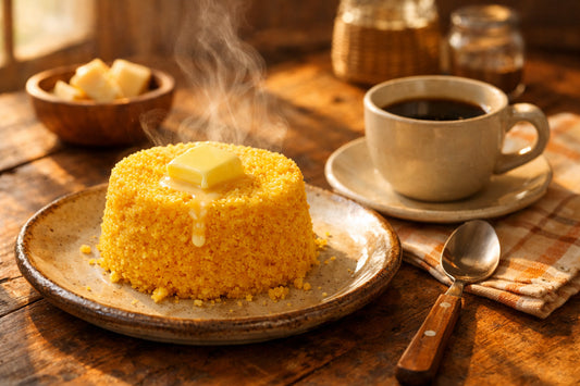Yoki Flocão — a steaming plate of freshly made Brazilian cuscuz with a piece of butter melting on top.