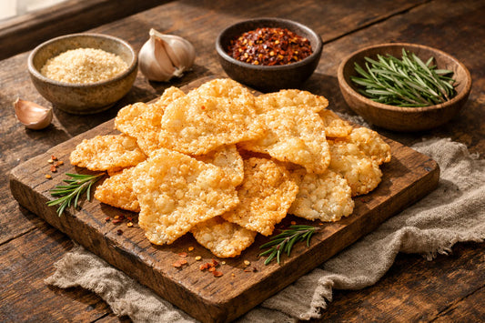 Tapioca Crackers — freshly baked gluten-free crackers on a rustic wooden board next to small bowls of herbs and spices.