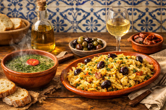 Portugese recepten — an authentic spread of dishes including Bacalhau à Brás and Caldo Verde on a rustic table.