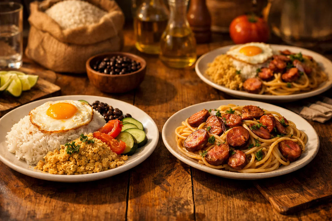 Brazilian weeknight dinners — a rustic table with plates of Arroz com Ovo e Farofa and Macarrão com Linguiça.