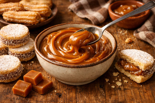 Dulce de Leche — ceramic bowl of rich, golden Dulce de Leche with a spoon, surrounded by traditional South American pastries on a wooden table.