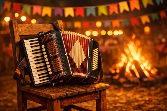 Música Festa Junina — a traditional Brazilian accordion resting on a chair with colorful festival flags in the background.