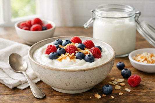 Vegan kokos yoghurt — een kom zelfgemaakte yoghurt gegarneerd met verse bessen en geroosterde kokos.