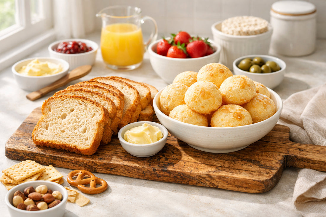 Glutenvrij leven in Nederland — Een smakelijke selectie van glutenvrij brood en kaasbroodjes op een houten plank.