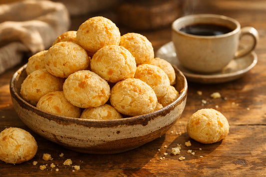 Pão de queijo — A rustic ceramic bowl filled with freshly baked Brazilian cheese bread on a wooden table.