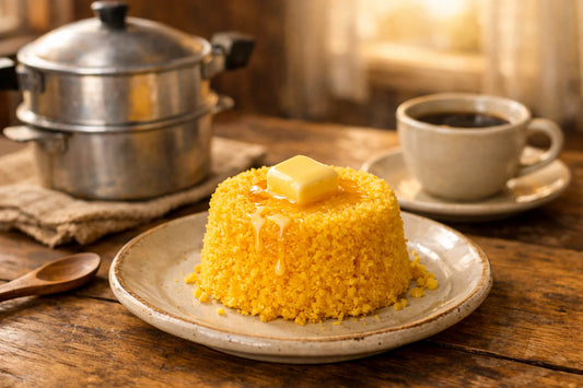 Cuscuz brasileiro — a slice of steamed Brazilian corn bread with melting butter on a plate, ready for breakfast.