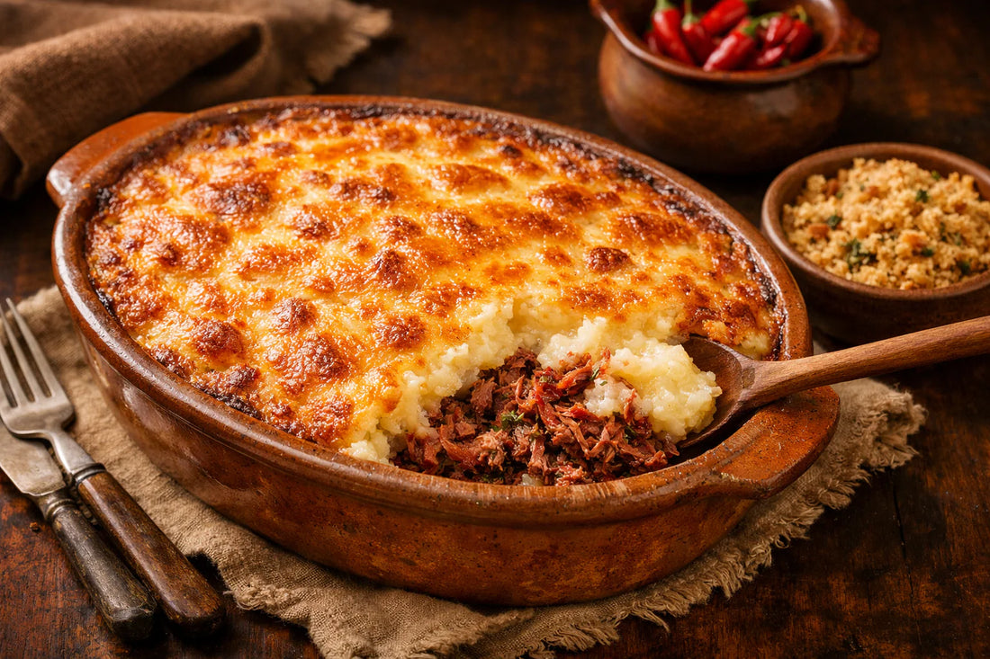 Escondidinho de Carne Seca — een Braziliaanse ovenschotel met een goudbruine kaaskorst in een rustieke schaal.