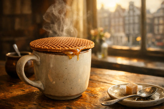 Wat is een Stroopwafel — a traditional Dutch stroopwafel warming on top of a ceramic coffee mug.