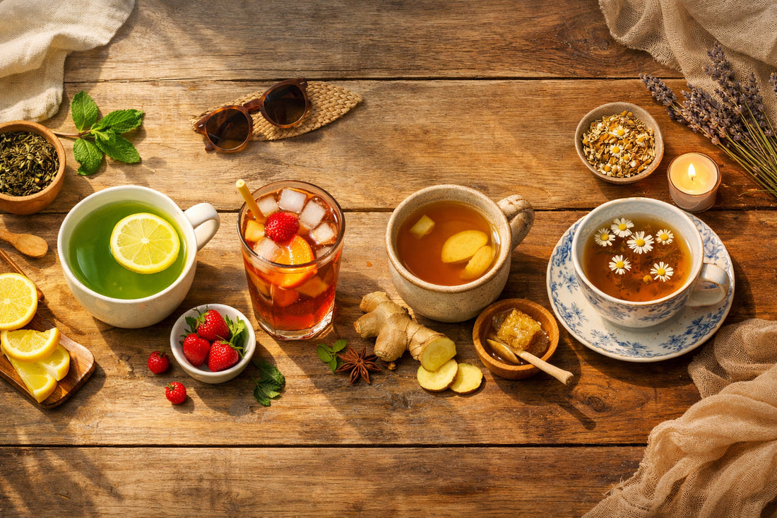 Chás Lipton — Quatro chávenas de chá numa mesa de madeira, representando uma rotina de bem-estar para cada momento do dia.
