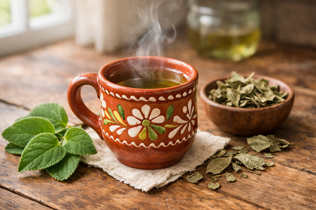 Chá de Boldo — uma chávena de chá fumegante numa caneca de cerâmica portuguesa sobre uma mesa de madeira rústica.