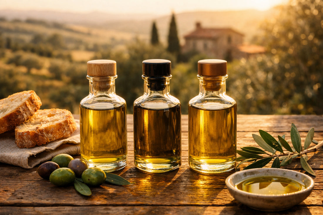 Puglia Olijfolie Proefset — drie flesjes Olio Mimi olijfolie op een rustieke houten tafel met olijven en brood.