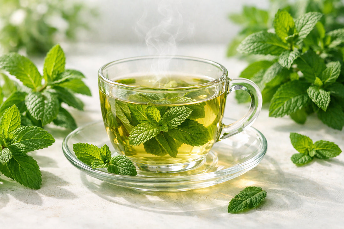Peppermint tea — freshly brewed peppermint tea in a glass cup with green peppermint sprigs