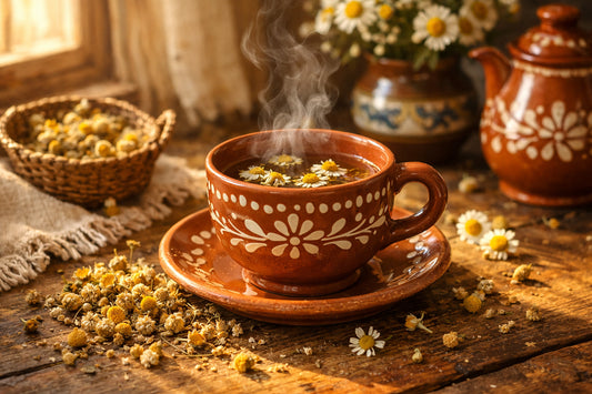 Chá de Camomila — uma chávena de chá quente numa mesa de madeira rústica com flores de camomila secas espalhadas ao redor.