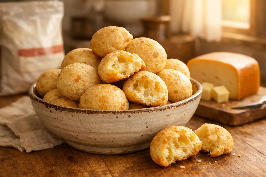 Kaasbrood recept — een kom met versgebakken Braziliaans kaasbrood (pão de queijo) op een houten aanrecht.