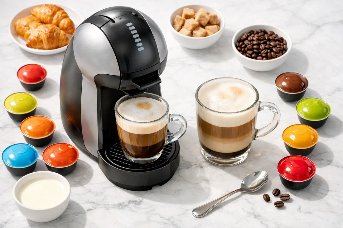 Nescafé Dolce Gusto capsules — A variety of colorful coffee capsules arranged on a marble counter next to a coffee machine and a fresh cup of coffee.