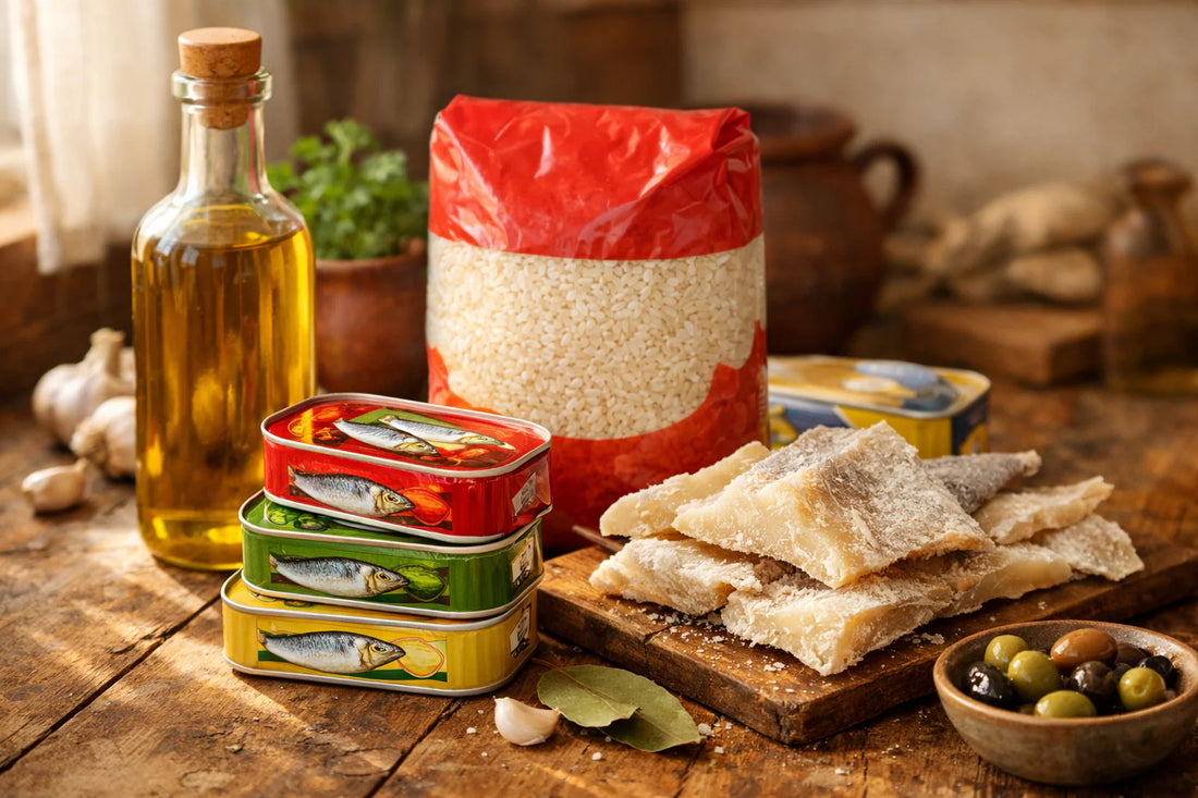 Produtos de despensa portugueses — azeite, conservas de sardinha, arroz e bacalhau arrumados numa bancada de cozinha rústica.