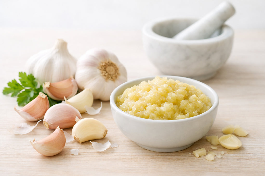 Garlic paste — fresh garlic cloves and a bowl of garlic paste with a mortar and pestle