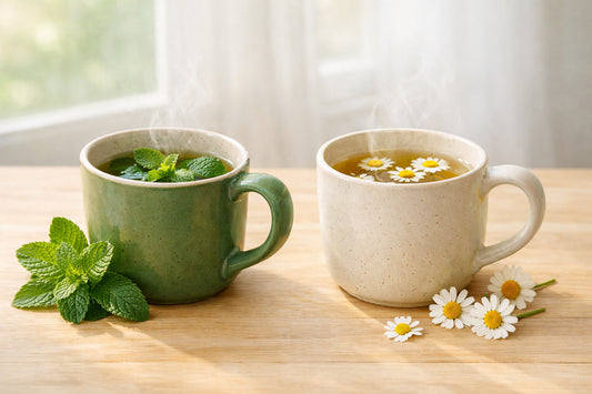 Chás Lipton para Bem-Estar — Duas chávenas de infusão de ervas, uma para digestão e outra para uma noite tranquila.