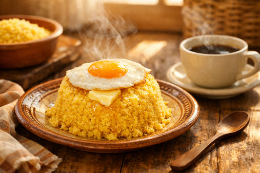 Cuscuz Brasileiro na Holanda — A plate of fluffy Brazilian cuscuz with butter and a fried egg, ready for breakfast.