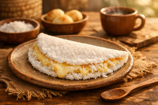 Tapioca Recheada — A freshly made Brazilian stuffed tapioca crepe on a ceramic plate.