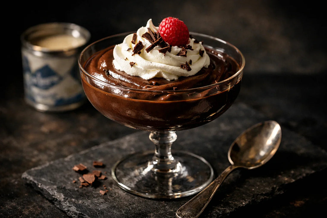 Chocolade Mousse met Leite Condensado — een elegant glas gevuld met romige, donkere mousse, gegarneerd met chocoladeschaafsel.