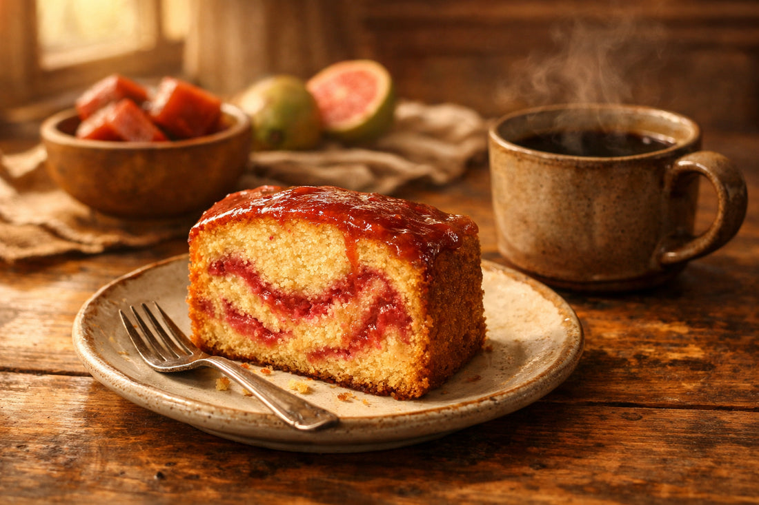 Bolo de Goiabada — A slice of Brazilian guava cake with pink swirls on a ceramic plate next to a cup of coffee.