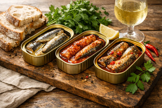 Ramirez sardines — open tins showing different varieties like oil and tomato sauce on a wooden board.