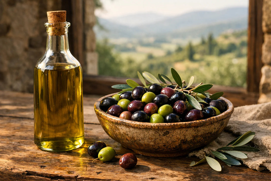 Etruna Olijfolie — een fles premium extra vierge olijfolie met een kom verse olijven op een tafel met uitzicht op de heuvels van Umbrië.