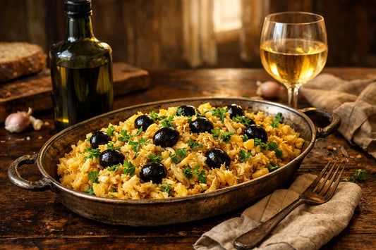 Bacalhau à Brás — a traditional Portuguese cod dish on a serving platter, garnished with parsley and olives.