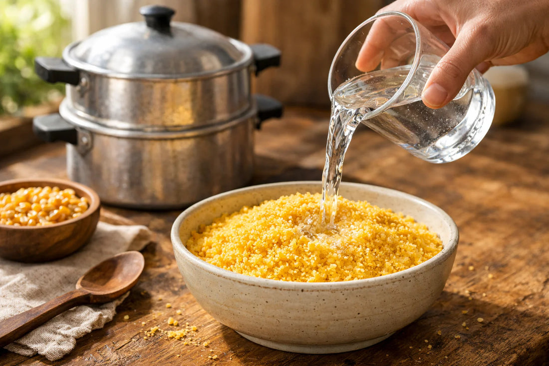 Flocão de milho — coarse corn grits in a bowl being hydrated with water for making Brazilian cuscuz.