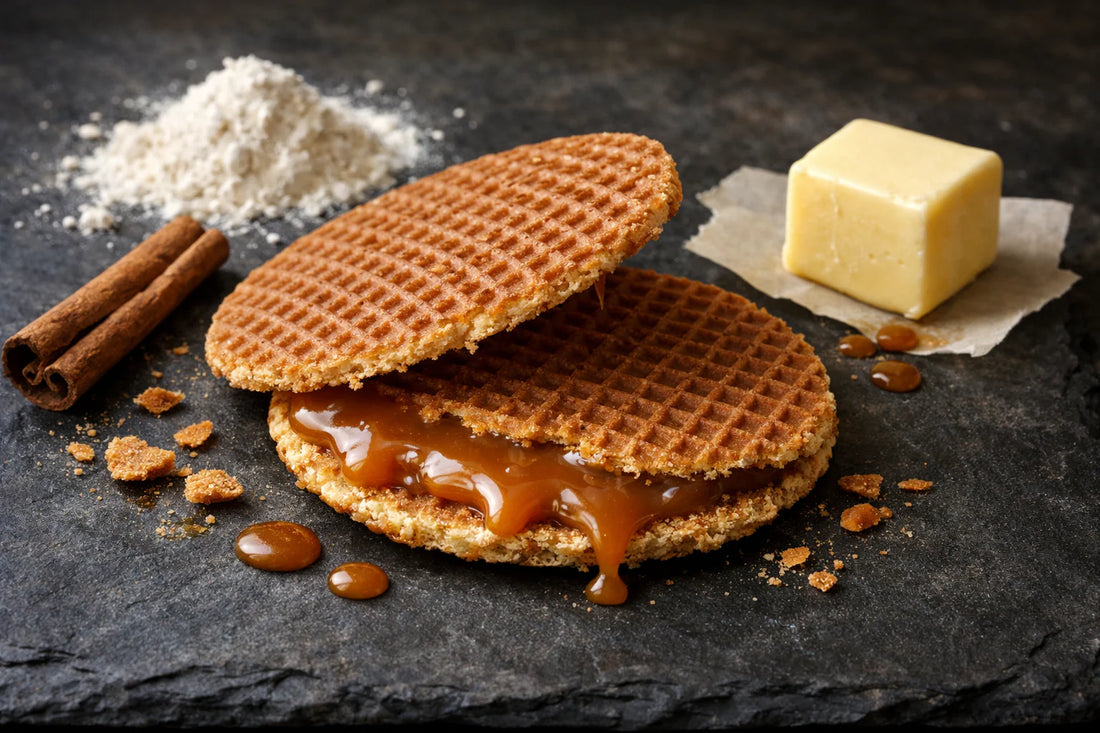 Stroopwafel ingrediënten — a deconstructed stroopwafel showing its caramel filling alongside flour, butter, and cinnamon.