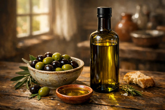 Portugese olijfolie kopen — een fles premium extra vierge olijfolie op een rustieke houten tafel.