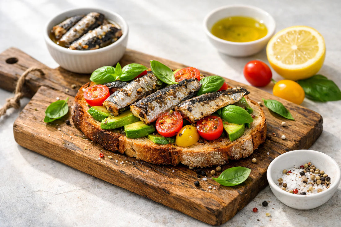 Vis recepten uit blik — een heerlijke sardine toast met avocado, tomaat en verse kruiden op een houten plank.