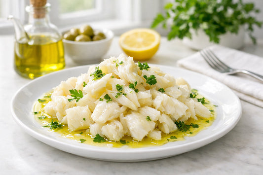 Bacalhau gezondheid — Flakes of rehydrated bacalhau on a white plate, garnished with parsley, illustrating its health benefits.