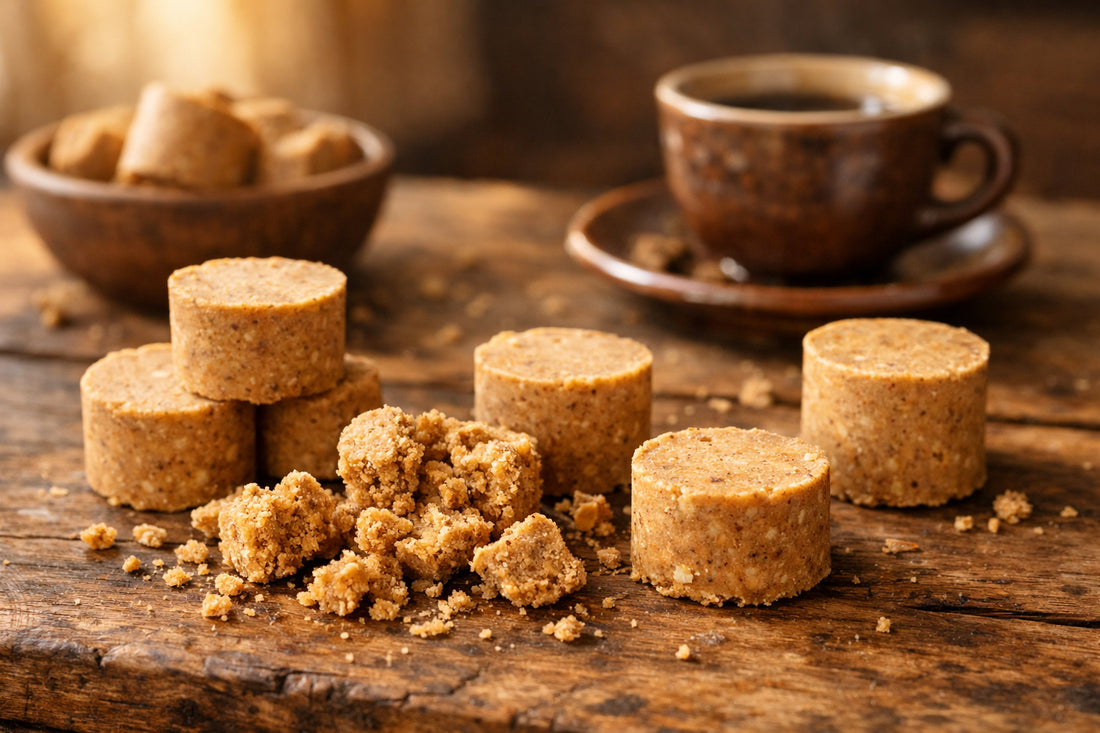 Paçoquinha — Braziliaans pindakaas snoep, heel en verkruimeld, op een rustieke houten tafel.