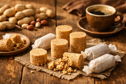 Paçoquinha — Braziliaanse pindasnoepjes verkruimeld op een rustieke houten tafel naast een kopje koffie.
