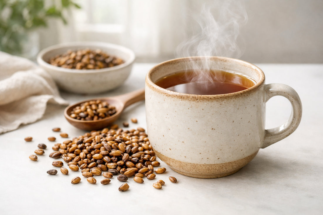 Barley beverage — steaming cup with roasted barley grains on a white surface