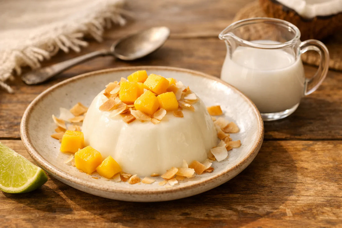 Kokos panna cotta — an elegant dessert on a plate, garnished with toasted coconut flakes and fresh mango cubes.