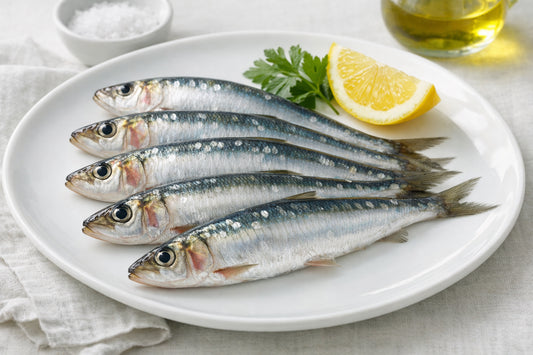 European Sardine — fresh sardines on a white plate with parsley and lemon