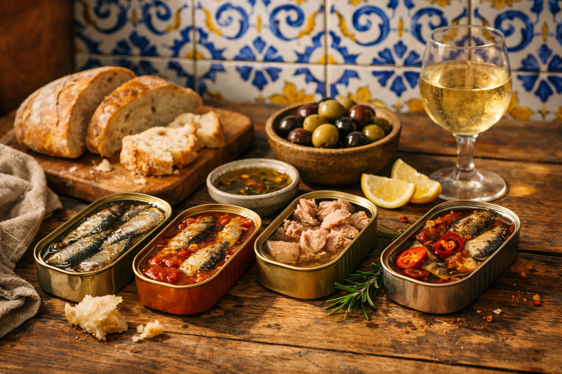 Conservas portuguesas — an arrangement of open tins of sardines and tuna on a rustic table with bread and olives.