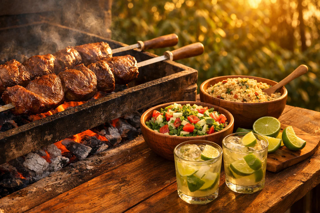 Braziliaanse BBQ (Churrasco) — Sizzling skewers of picanha steak on a grill next to a table with traditional Brazilian side dishes.