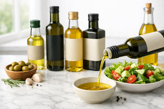 Supermarkt olijfolie vergelijking — verschillende olijfolie flessen op een aanrecht naast een verse salade.