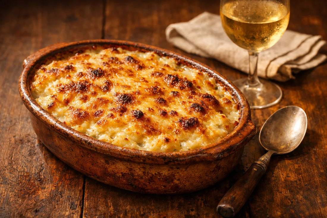 Bacalhau com Natas — a close-up of the creamy Portuguese codfish casserole with a golden-brown cheese crust in an oven dish.