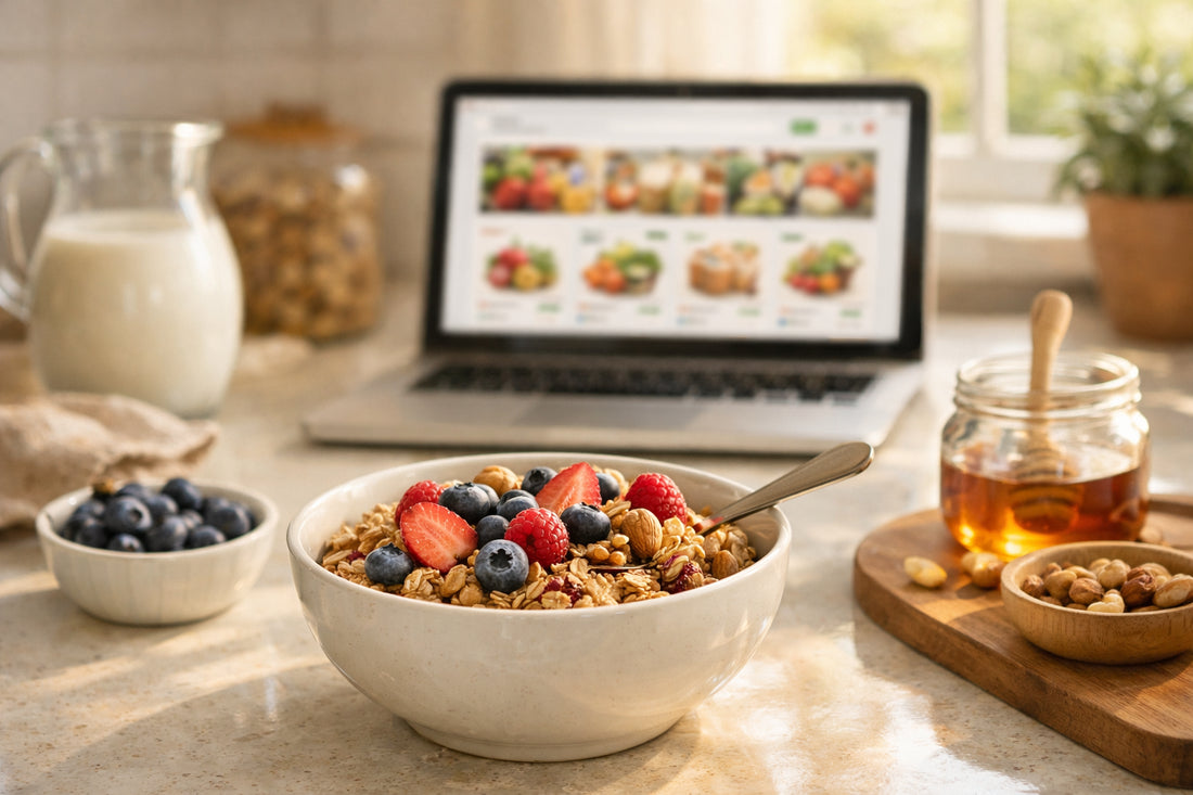 Eat Natural Granola kopen — a bowl of granola with berries next to a laptop showing an online store.